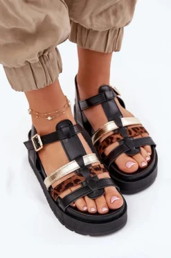 Boto Sandały Płaskie*Sandały Damskie Z Paskami Na Platformie Czarne Gallari