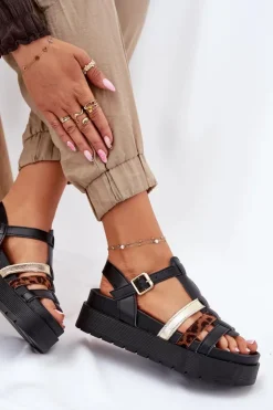 Boto Sandały Płaskie*Sandały Damskie Z Paskami Na Platformie Czarne Gallari