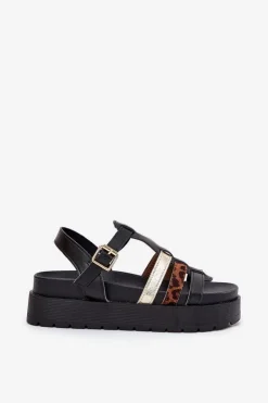 Boto Sandały Płaskie*Sandały Damskie Z Paskami Na Platformie Czarne Gallari