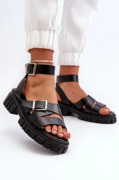 Boto Sandały Płaskie*Sandały Damskie Z Paskami Eko Skórzane Czarne Eladira