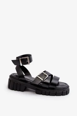 Boto Sandały Płaskie*Sandały Damskie Z Paskami Eko Skórzane Czarne Eladira
