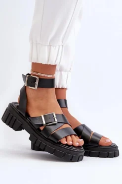 Boto Sandały Płaskie*Sandały Damskie Z Paskami Eko Skórzane Czarne Eladira