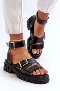 Boto Sandały Płaskie*Sandały Damskie Z Paskami Eko Skórzane Czarne Eladira