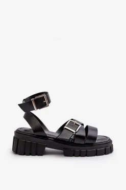 Boto Sandały Płaskie*Sandały Damskie Z Paskami Eko Skórzane Czarne Eladira