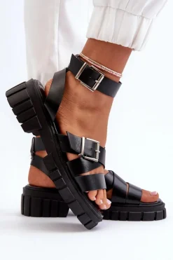 Boto Sandały Płaskie*Sandały Damskie Z Paskami Eko Skórzane Czarne Eladira