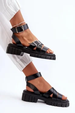 Boto Sandały Płaskie*Sandały Damskie Z Paskami Eko Skórzane Czarne Eladira