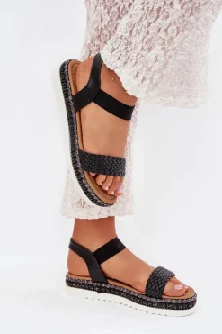Boto Sandały Płaskie*Sandały Damskie Z Plecionką Na Zdobionej Platformie Czarne Velara Czarny