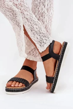 Boto Sandały Płaskie*Sandały Damskie Z Plecionką Na Zdobionej Platformie Czarne Velara Czarny