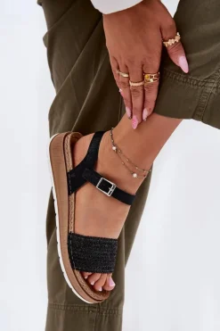 INBLU Sandały Na Koturnie|Sandały Płaskie*Sandały Damskie Z Plecionką Na Pasku GS000050 Czarne