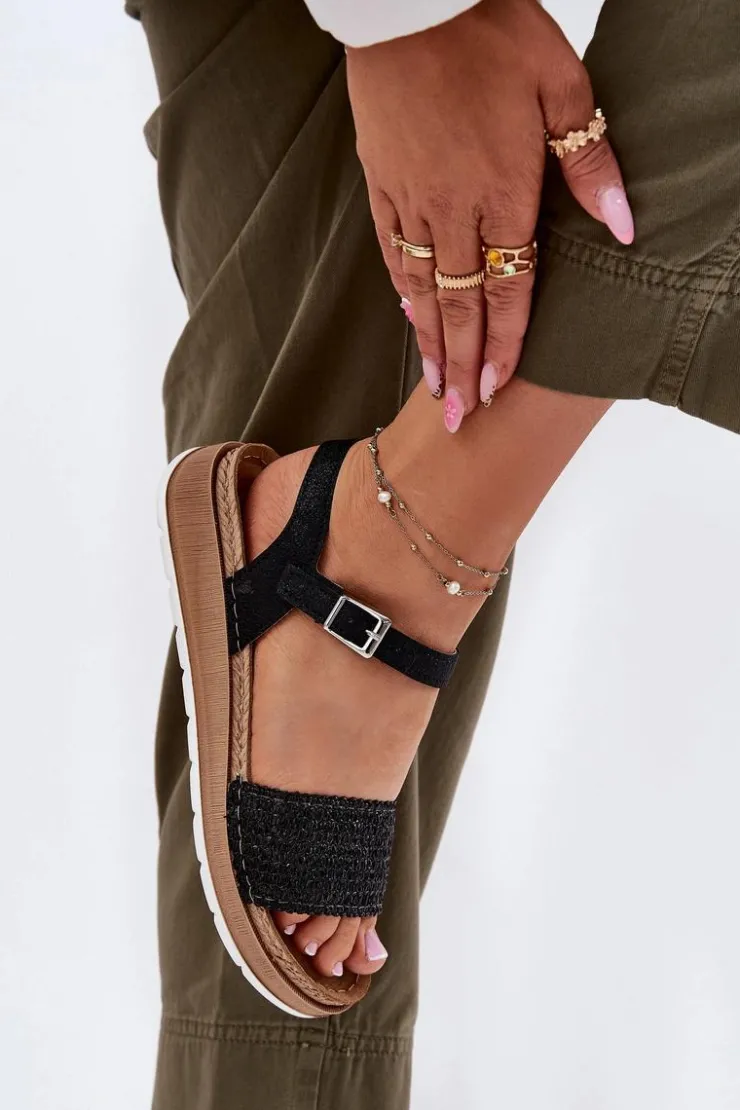 INBLU Sandały Na Koturnie|Sandały Płaskie*Sandały Damskie Z Plecionką Na Pasku GS000050 Czarne