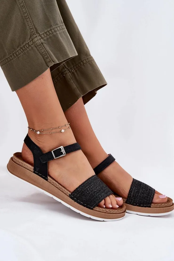 INBLU Sandały Na Koturnie|Sandały Płaskie*Sandały Damskie Z Plecionką Na Pasku GS000050 Czarne
