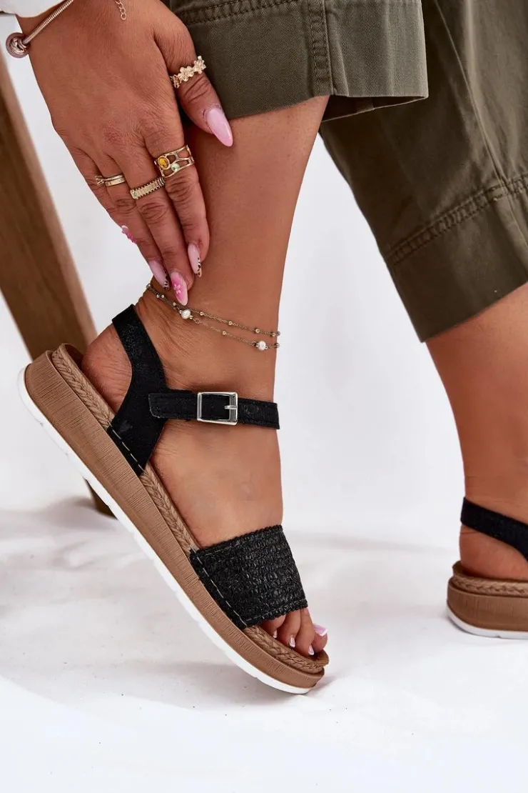 INBLU Sandały Na Koturnie|Sandały Płaskie*Sandały Damskie Z Plecionką Na Pasku GS000050 Czarne