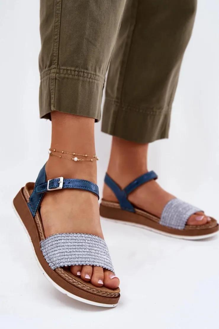 INBLU Sandały Na Koturnie|Sandały Płaskie*Sandały Damskie Z Plecionką Na Pasku GS000050 e Niebieski