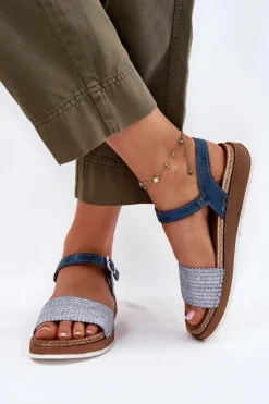 INBLU Sandały Na Koturnie|Sandały Płaskie*Sandały Damskie Z Plecionką Na Pasku GS000050 e Niebieski