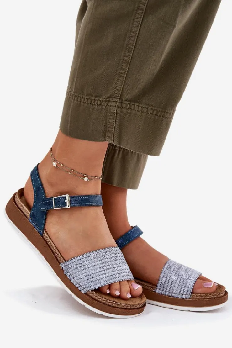 INBLU Sandały Na Koturnie|Sandały Płaskie*Sandały Damskie Z Plecionką Na Pasku GS000050 e Niebieski