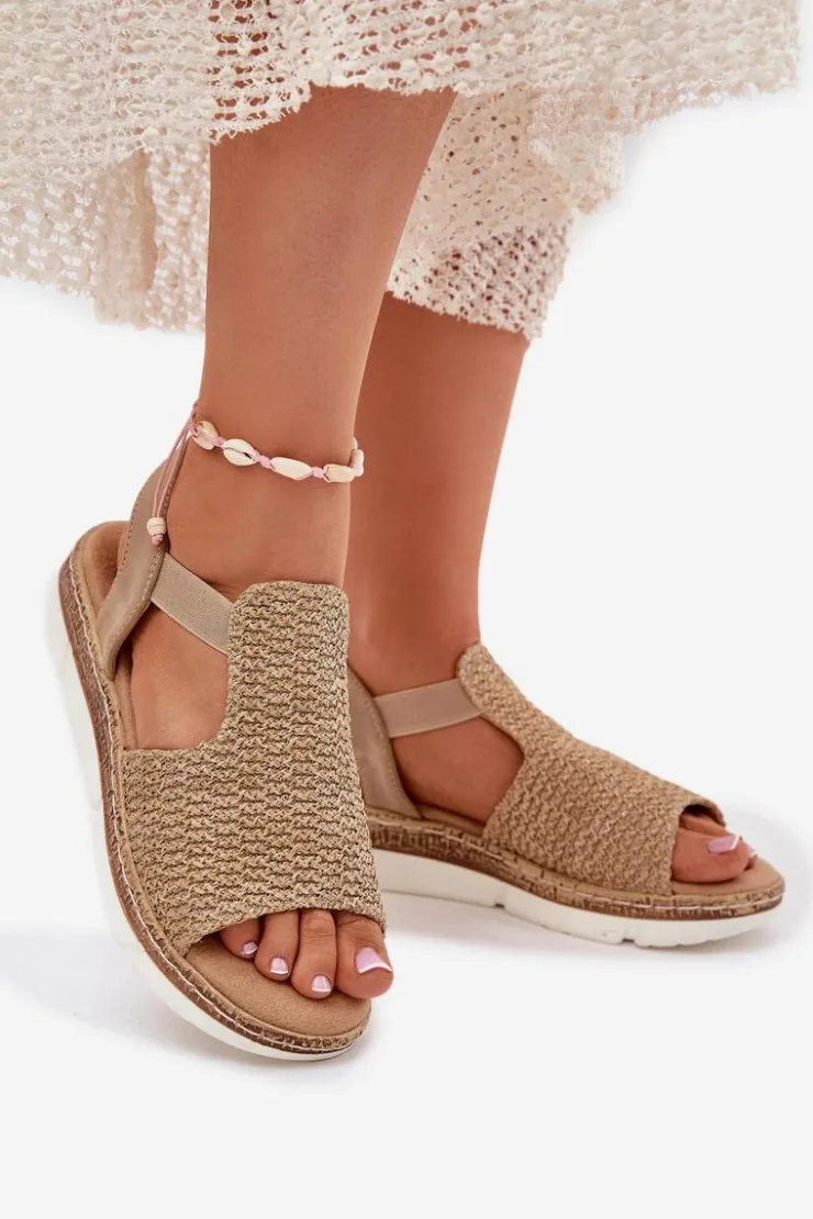 Clearance Evento Sandały Damskie Z Plecionką Beżowo-Złote Jelana