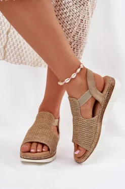 Clearance Evento Sandały Damskie Z Plecionką Beżowo-Złote Jelana
