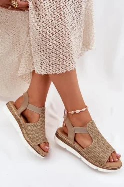 Clearance Evento Sandały Damskie Z Plecionką Beżowo-Złote Jelana