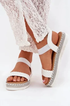 Boto Sandały Płaskie*Sandały Damskie Z Plecionką Na Zdobionej Platformie Białe Velara