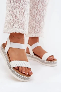 Boto Sandały Płaskie*Sandały Damskie Z Plecionką Na Zdobionej Platformie Białe Velara