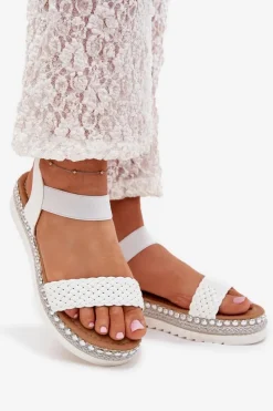 Boto Sandały Płaskie*Sandały Damskie Z Plecionką Na Zdobionej Platformie Białe Velara
