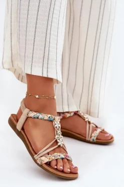 Evento Sandały Płaskie*Sandały Damskie Z Przypinkami I Plecionymi Paskami Beżowe Nusoreth