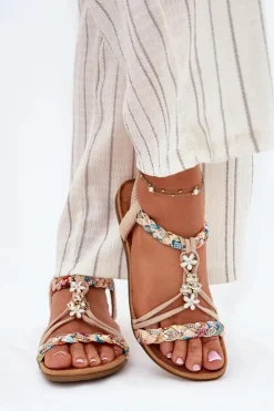 Evento Sandały Płaskie*Sandały Damskie Z Przypinkami I Plecionymi Paskami Beżowe Nusoreth