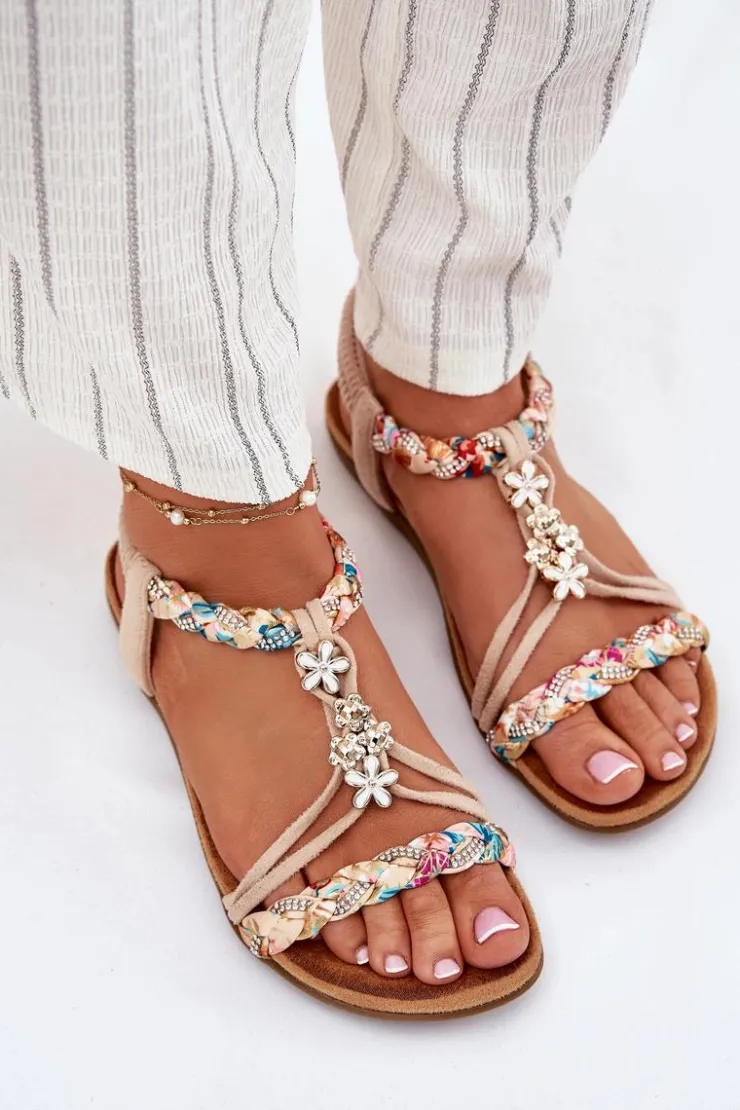 Evento Sandały Płaskie*Sandały Damskie Z Przypinkami I Plecionymi Paskami Beżowe Nusoreth