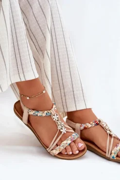 Evento Sandały Płaskie*Sandały Damskie Z Przypinkami I Plecionymi Paskami Beżowe Nusoreth