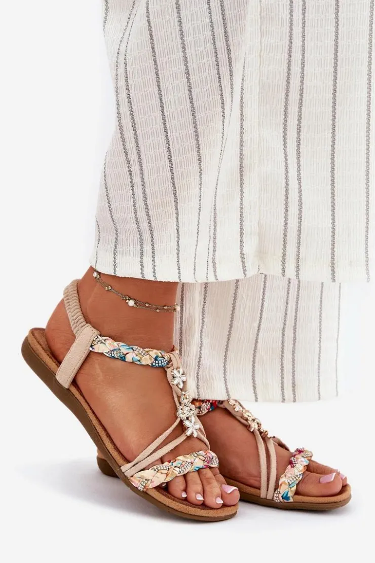 Evento Sandały Płaskie*Sandały Damskie Z Przypinkami I Plecionymi Paskami Beżowe Nusoreth