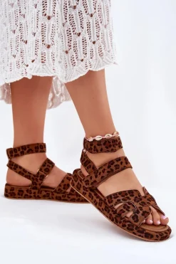 Boto Sandały Płaskie*Sandały Damskie Z Rzepami Panterka Uvissa Brązowy