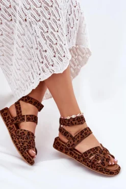 Boto Sandały Płaskie*Sandały Damskie Z Rzepami Panterka Uvissa Brązowy