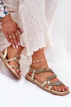 Artiker Sandały Płaskie*Sandały Damskie Ze Zdobieniem Wąż Eko Skórzane 56C1362 Złote Złoty