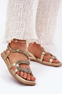 Artiker Sandały Płaskie*Sandały Damskie Ze Zdobieniem Wąż Eko Skórzane 56C1362 Złote Złoty