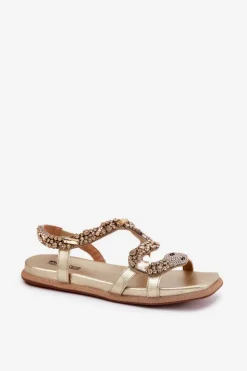 Artiker Sandały Płaskie*Sandały Damskie Ze Zdobieniem Wąż Eko Skórzane 56C1362 Złote Złoty