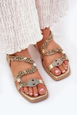 Artiker Sandały Płaskie*Sandały Damskie Ze Zdobieniem Wąż Eko Skórzane 56C1362 Złote Złoty