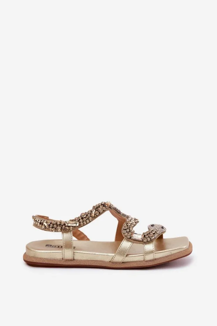 Artiker Sandały Płaskie*Sandały Damskie Ze Zdobieniem Wąż Eko Skórzane 56C1362 Złote Złoty