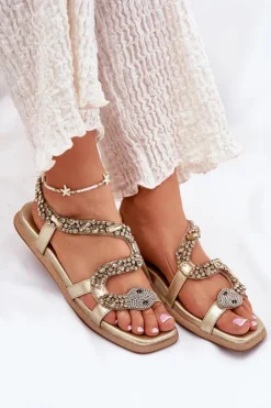 Artiker Sandały Płaskie*Sandały Damskie Ze Zdobieniem Wąż Eko Skórzane 56C1362 Złote Złoty