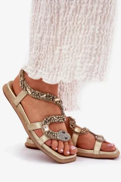 Artiker Sandały Płaskie*Sandały Damskie Ze Zdobieniem Wąż Eko Skórzane 56C1362 Złote Złoty