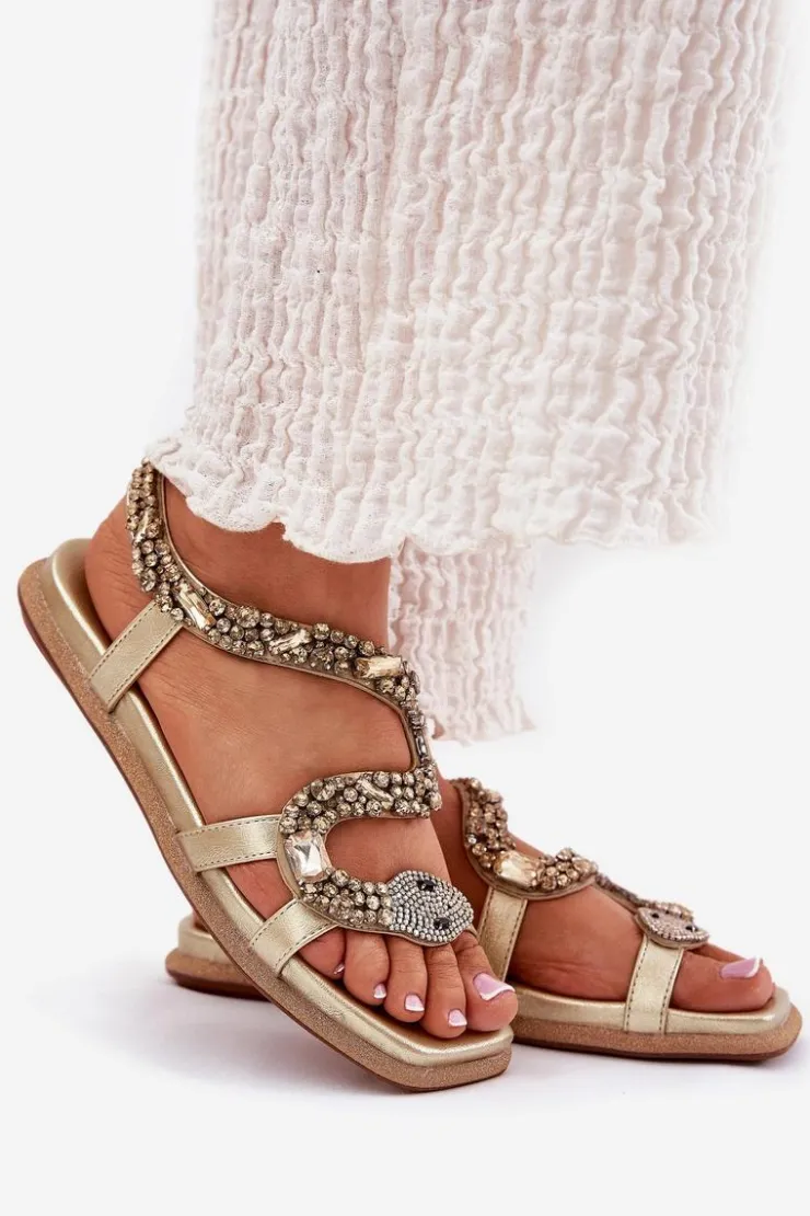 Artiker Sandały Płaskie*Sandały Damskie Ze Zdobieniem Wąż Eko Skórzane 56C1362 Złote Złoty