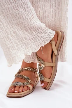 Hot Artiker Sandały Damskie Ze Zdobieniem Wąż Eko Zamszowe 56C1361 Beżowe Beżowy