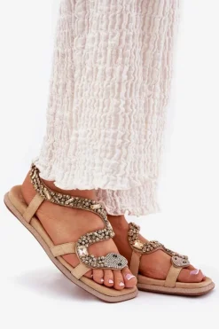 Hot Artiker Sandały Damskie Ze Zdobieniem Wąż Eko Zamszowe 56C1361 Beżowe Beżowy