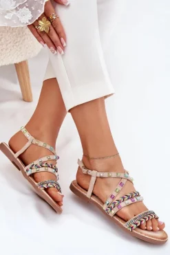 Discount Boto Sandały Damskie Ze Zdobieniem I Plecionymi Paskami Beżowe Delyra Beżowy