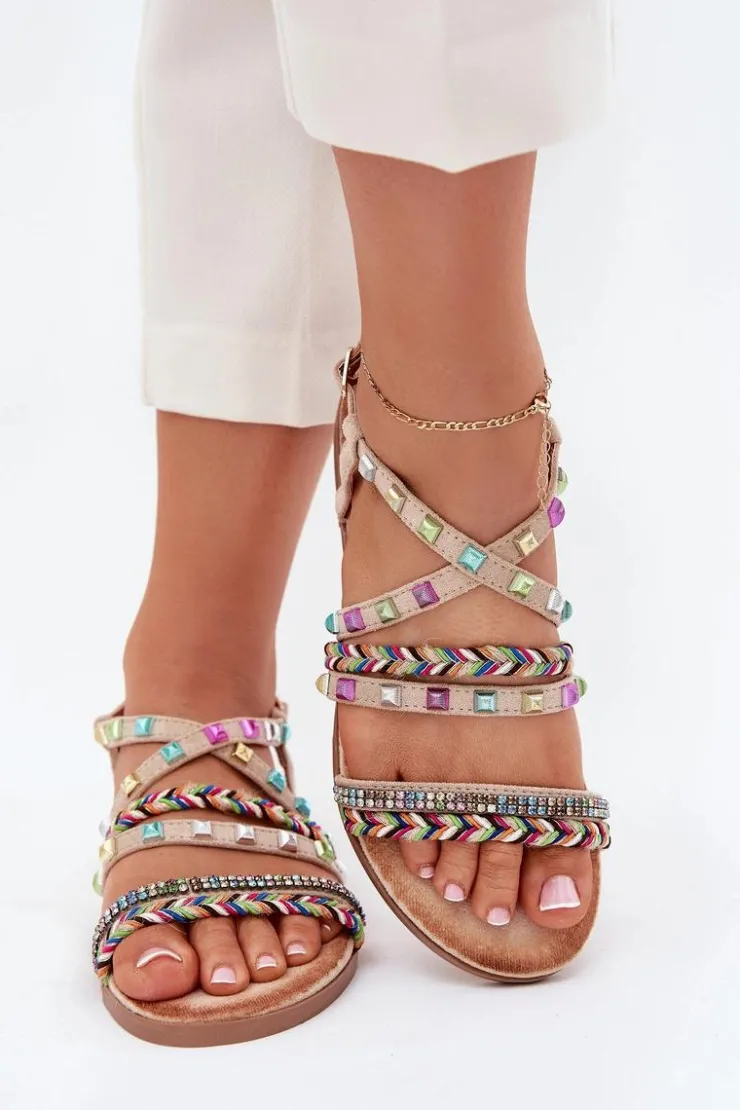 Discount Boto Sandały Damskie Ze Zdobieniem I Plecionymi Paskami Beżowe Delyra Beżowy