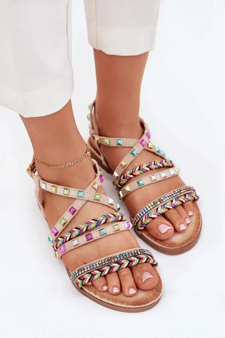 Discount Boto Sandały Damskie Ze Zdobieniem I Plecionymi Paskami Beżowe Delyra Beżowy