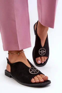 Damskie buty S.Barski Sandały Płaskie*Sandały Damskie Ze Złotą Ozdobą Eko Zamszowe S.Barski KV27-059 Czarne