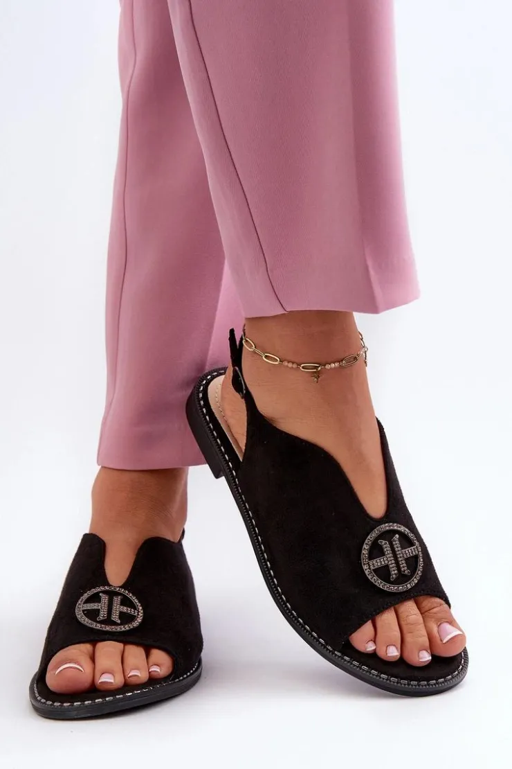 Damskie buty S.Barski Sandały Płaskie*Sandały Damskie Ze Złotą Ozdobą Eko Zamszowe S.Barski KV27-059 Czarne