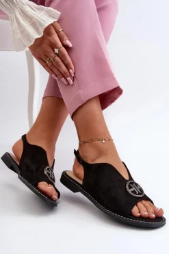 Damskie buty S.Barski Sandały Płaskie*Sandały Damskie Ze Złotą Ozdobą Eko Zamszowe S.Barski KV27-059 Czarne