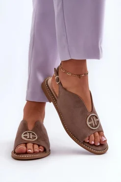 Damskie Damskie buty S.Barski Sandały Damskie Ze Złotą Ozdobą Eko Zamszowe S.Barski KV27-059 Brązowe