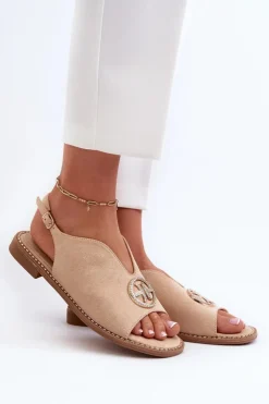 Damskie buty S.Barski Sandały Płaskie*Sandały Damskie Ze Złotą Ozdobą Eko Zamszowe S.Barski KV27-059 Beżowe